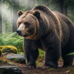 Brown bear standing on forest floor surrounded by moss-covered rocks and ferns in soft sunlight