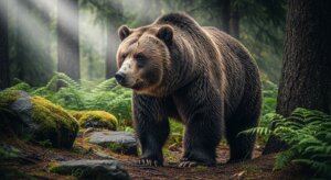 Brown bear standing on forest floor surrounded by moss-covered rocks and ferns in soft sunlight