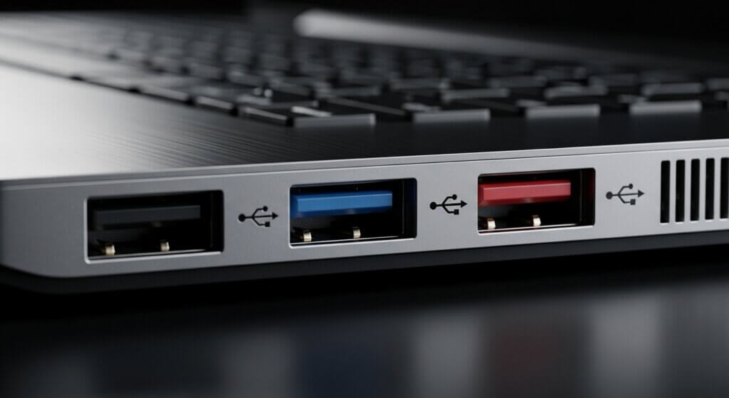 Close-up of three USB ports on a laptop, with black, blue, and red connectors visible.
