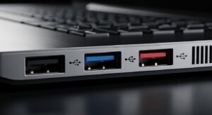 Close-up of three USB ports on a laptop, with black, blue, and red connectors visible.