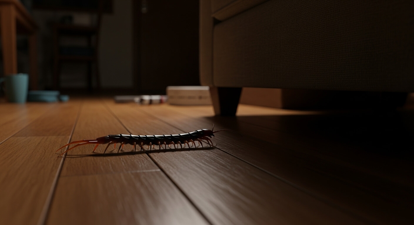 Centipede crawling on wooden floor near a sofa leg in a dimly lit room.