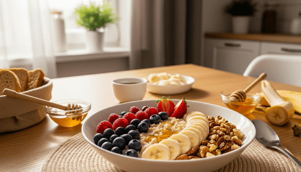Bowl of oatmeal topped with blueberries, raspberries, strawberries, banana slices, walnuts, and honey on a wooden table.