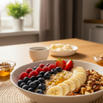 Bowl of oatmeal topped with blueberries, raspberries, strawberries, banana slices, walnuts, and honey on a wooden table.