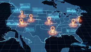 Digital map of the United States with glowing location markers on New York, Washington D.C., Chicago, Los Angeles, and San Francisco.