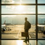 Traveler with backpack and suitcase looking out airport window at planes on runway during sunset