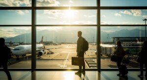 Traveler with backpack and suitcase looking out airport window at planes on runway during sunset