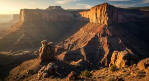 Sunlit rocky mesas and buttes in a desert canyon landscape during golden hour.