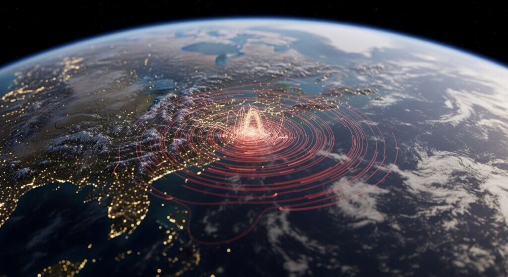 Satellite view of Earth showing a red concentric circle data visualization over the eastern United States at night.