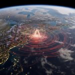 Satellite view of Earth showing a red concentric circle data visualization over the eastern United States at night.