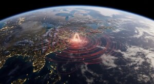 Satellite view of Earth showing a red concentric circle data visualization over the eastern United States at night.