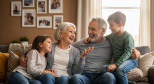 Smiling grandparents sitting on a couch talking with their two grandchildren in a cozy living room.
