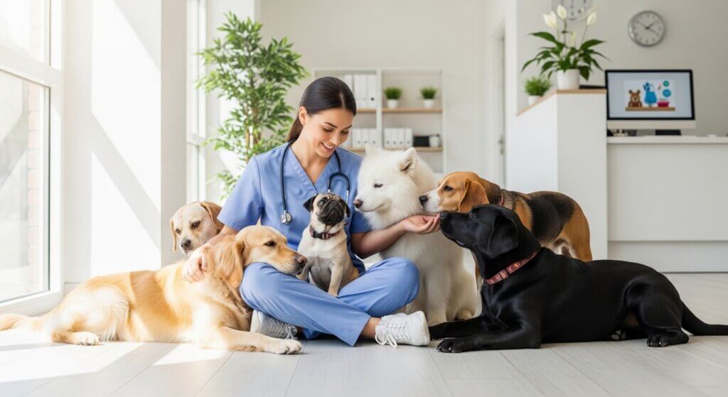 Veterinarian in blue scrubs sitting on floor surrounded by six dogs of various breeds in a bright clinic room.