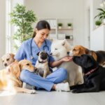 Veterinarian in blue scrubs sitting on floor surrounded by six dogs of various breeds in a bright clinic room.
