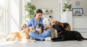 Veterinarian in blue scrubs sitting on floor surrounded by six dogs of various breeds in a bright clinic room.