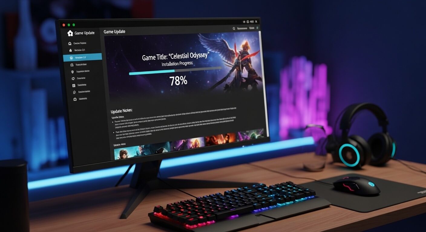 Computer monitor showing game update for "Celestial Odyssey" at 78% installation progress with RGB keyboard and gaming headset nearby