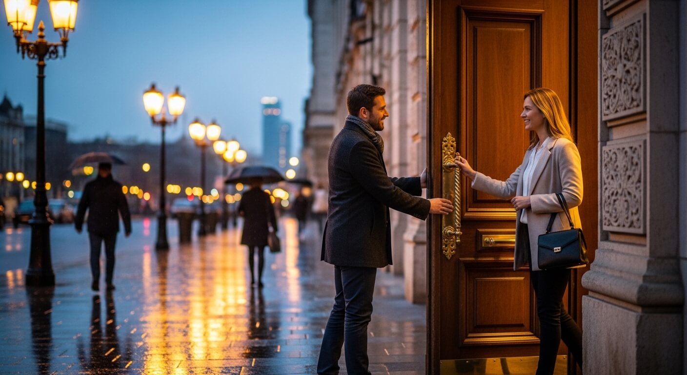 Man holding door open for smiling woman on rainy city street at dusk