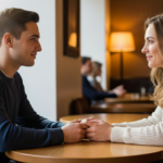 Young man and woman holding hands and smiling at each other across a cafe table