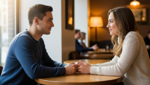 Young man and woman holding hands and smiling at each other across a cafe table
