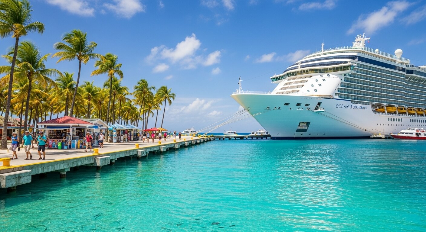 Cruise ship Ocean Odyssey docked at a tropical pier with palm trees and tourists walking along the waterfront.