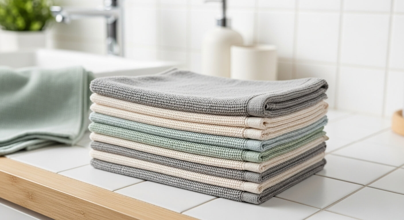 Stack of folded gray, beige, and green waffle-weave kitchen towels on a white tiled countertop