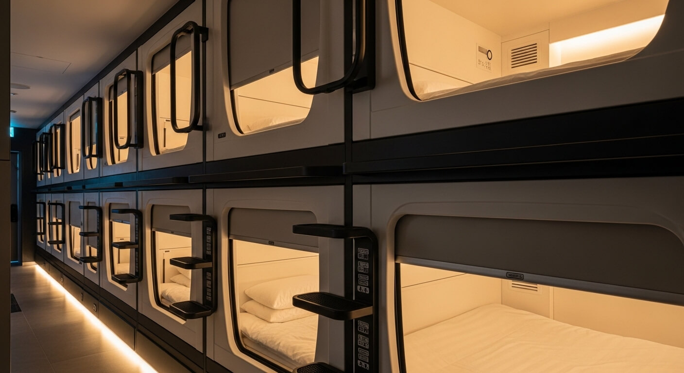 Modern capsule hotel pods with warm interior lighting and black ladder steps in a hallway.