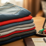 Stack of folded clothes next to a sewing kit with colorful threads and a notebook with a pen on a wooden table