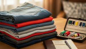 Stack of folded clothes next to a sewing kit with colorful threads and a notebook with a pen on a wooden table