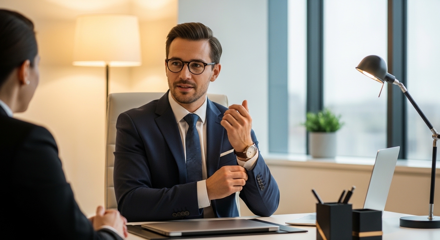 Man in navy suit and glasses adjusting his cuff during a business meeting in a modern office.