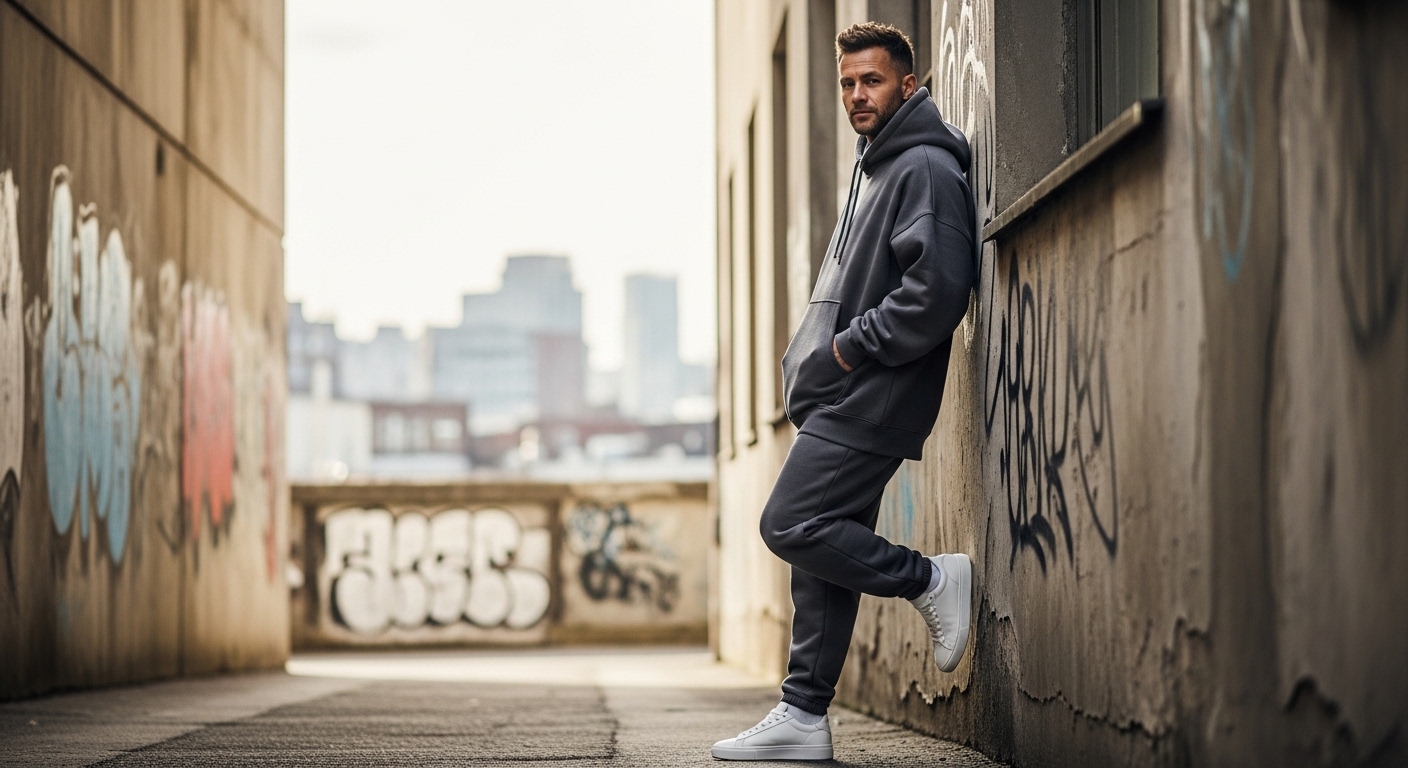 Man in gray hoodie and sweatpants leaning against graffiti-covered wall in urban alley wearing white sneakers