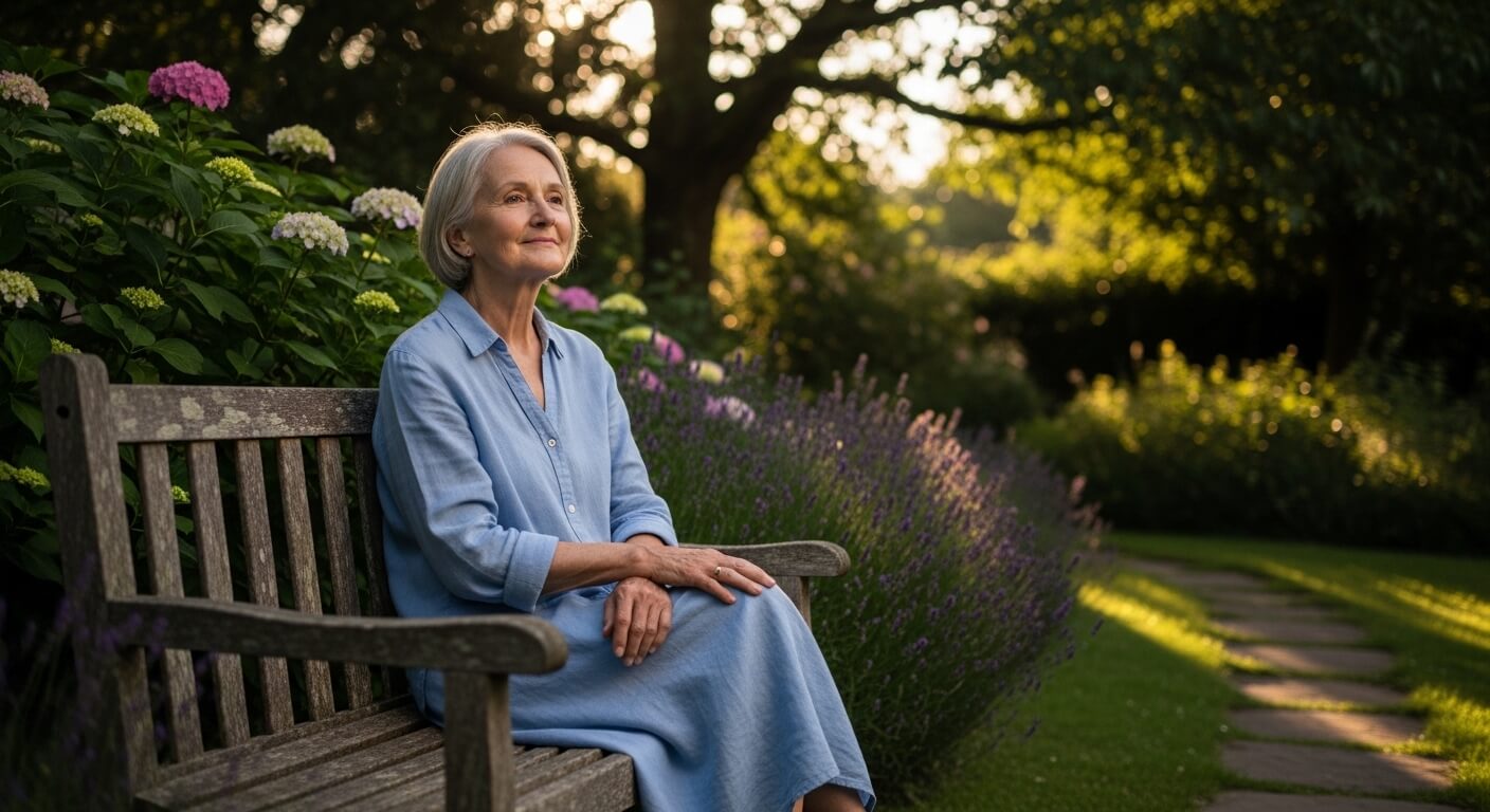 Older woman in a blue dress sitting on a wooden bench in a garden at sunset surrounded by flowers and greenery