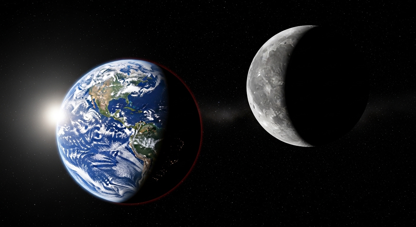 Sunlight illuminating half of Earth and a crescent Moon in space against a starry background