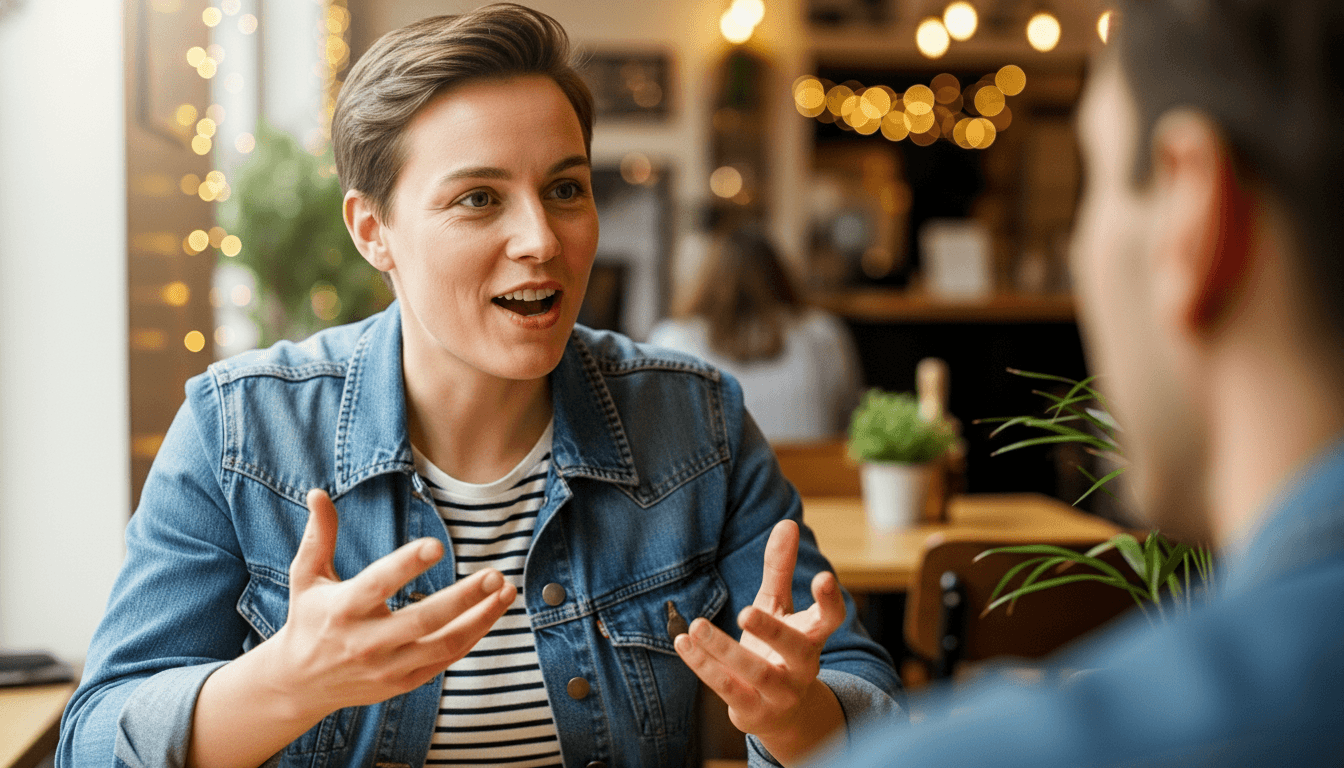 Person in denim jacket animatedly talking to another person in a cafe with warm lighting and plants