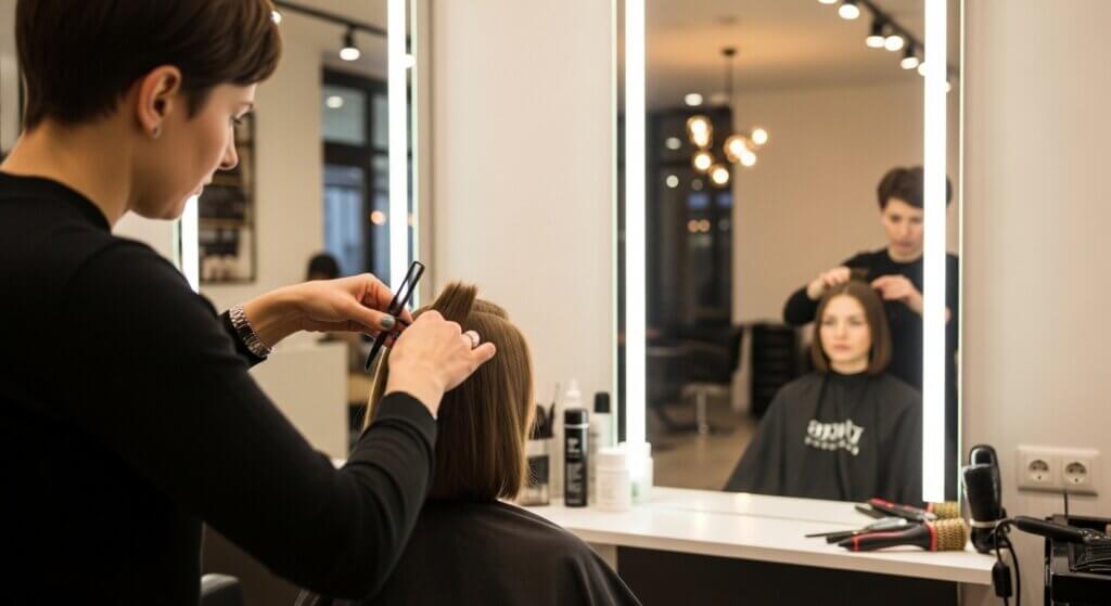 Hairstylist cutting a woman's short brown hair in a modern salon with illuminated mirror.