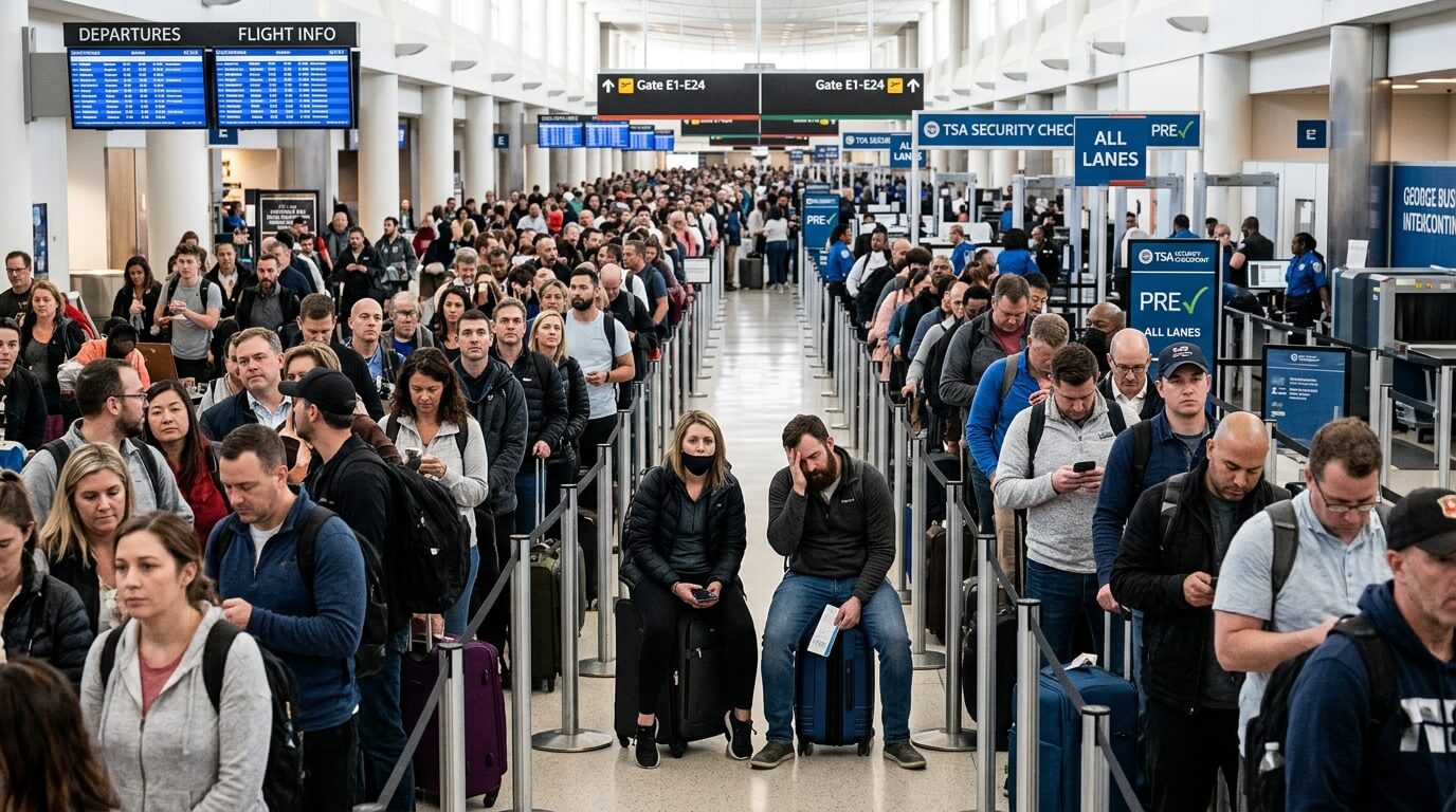 Crowded TSA security checkpoint line at George Bush Intercontinental Airport with travelers waiting and checking phones.