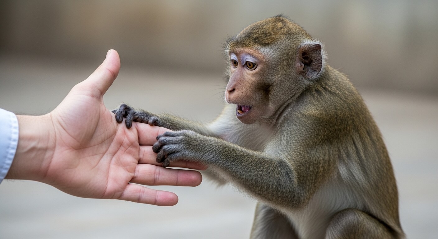 Monkey holding and examining a human hand with an open mouth expression against a blurred background.