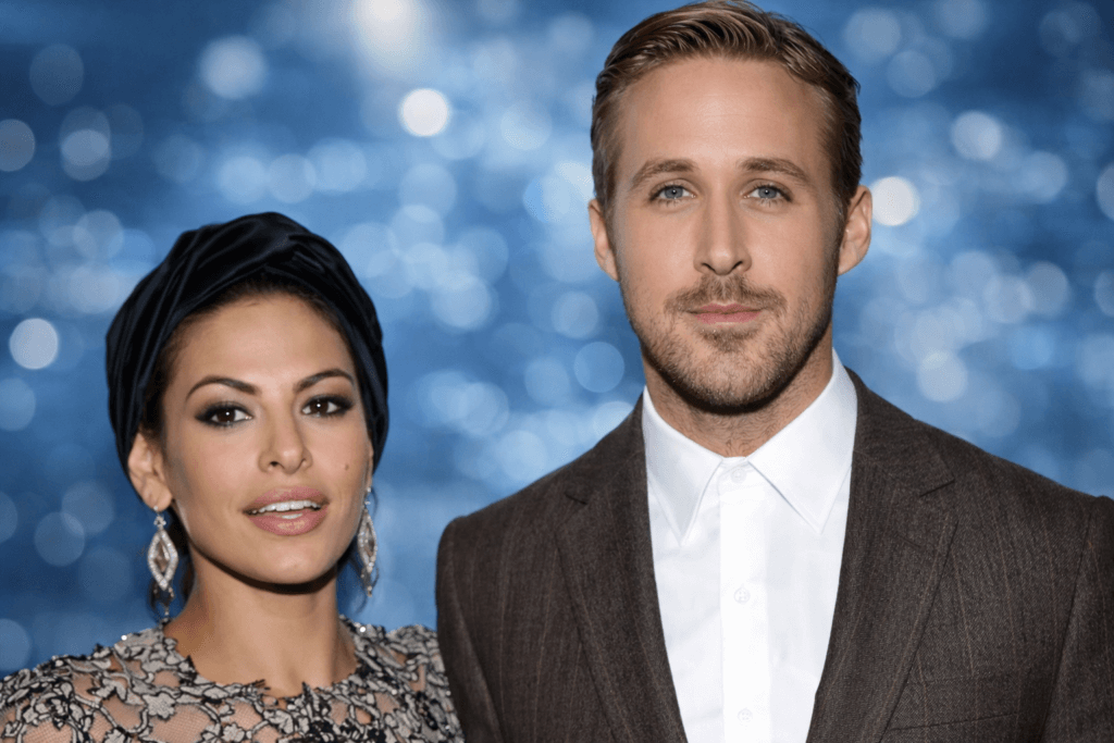 Eva Mendes and Ryan Gosling posing together against a blue bokeh background