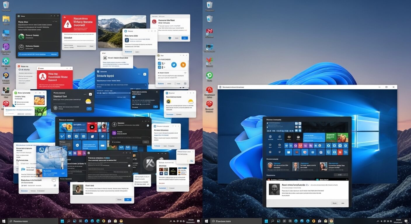 Dual monitor setup displaying Windows 10 and Windows 11 desktops with multiple open application windows and notifications.