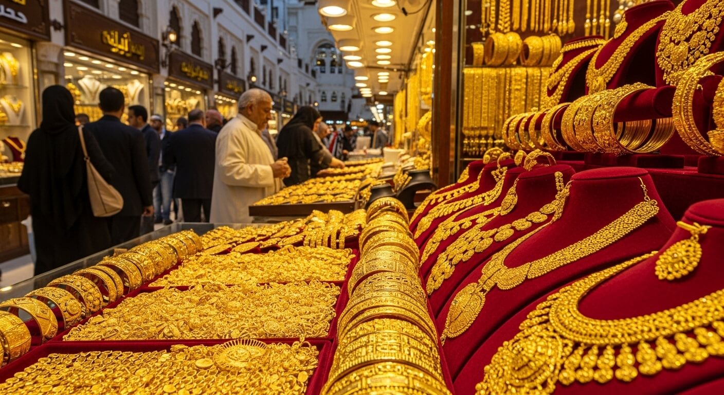Gold jewelry including bracelets, necklaces, and rings displayed on red velvet stands in a busy Middle Eastern market.