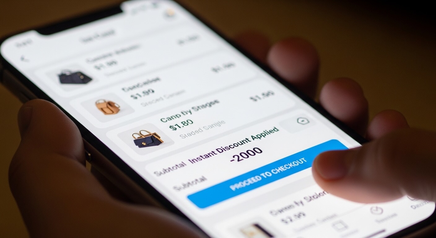 Person using a smartphone shopping app with items like "Camp by Stages" bag and a checkout button visible.