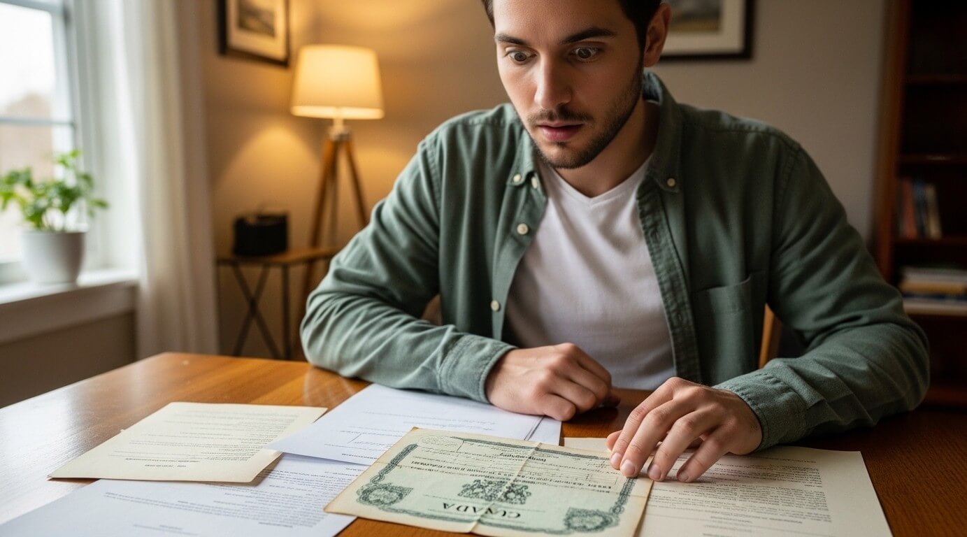 Young man in green shirt looking surprised at a vintage Canada certificate on a wooden table with documents
