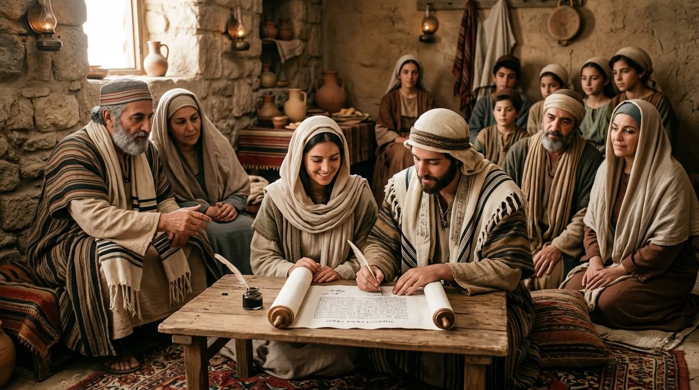 Group of people in traditional Middle Eastern clothing gathered as a man signs a scroll with a quill at a wooden table