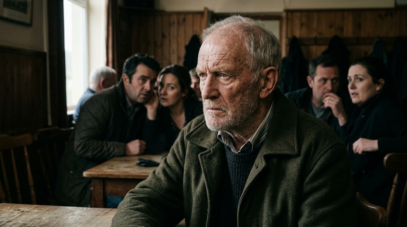 Older man with a serious expression sitting at a wooden table in a rustic room with four people whispering behind him