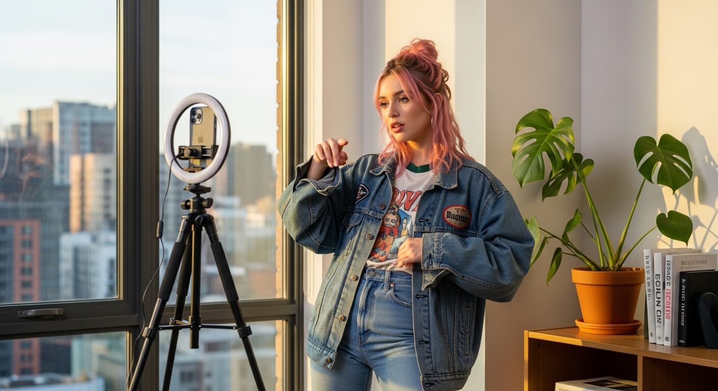 Young woman with pink hair wearing denim jacket and jeans recording video with smartphone on ring light tripod by window