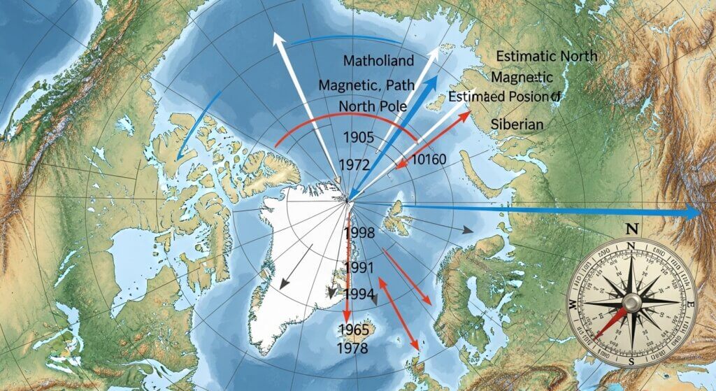 Map showing the shifting magnetic north pole from 1905 to 1998 with estimated positions and paths over the Arctic region.