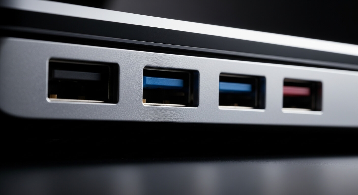 Close-up of four USB ports on a silver laptop, including two blue USB 3.0 ports and one red USB port.