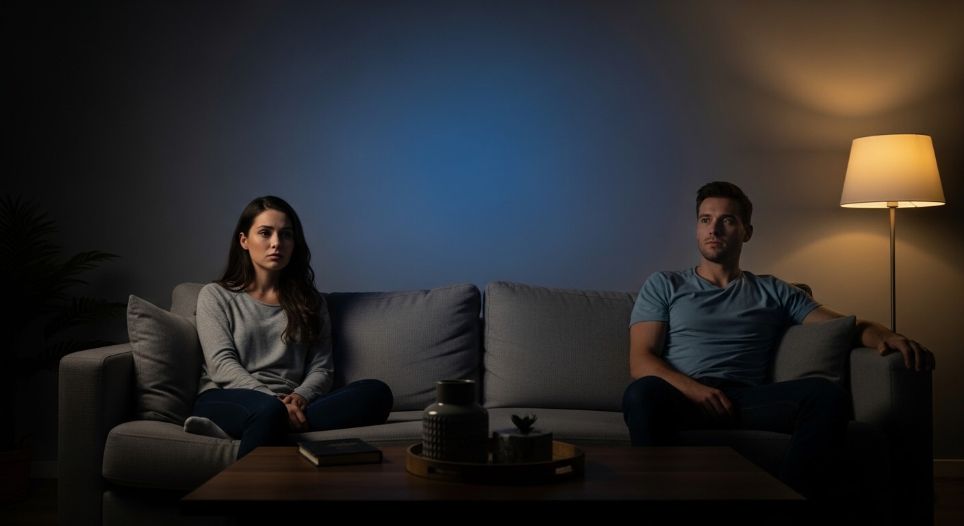 Man and woman sitting apart on a gray couch in a dimly lit room with a floor lamp on the right side