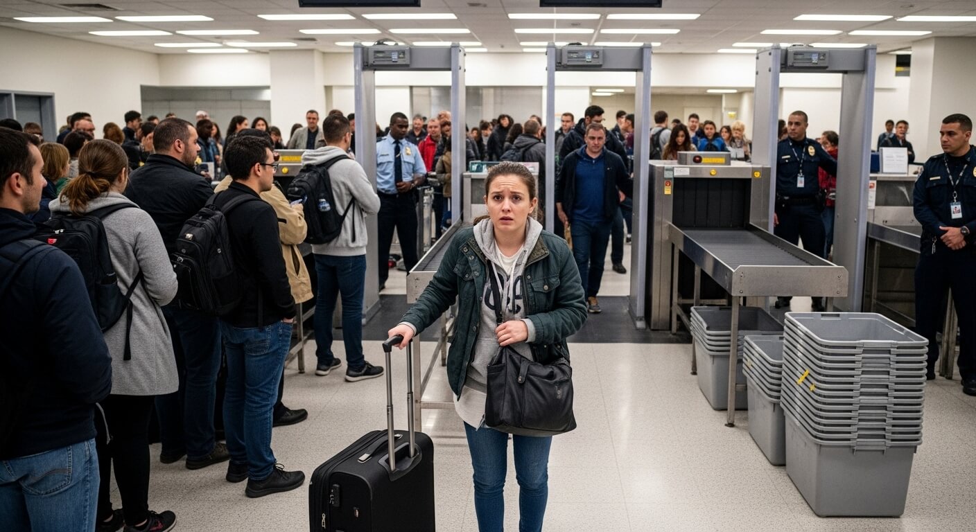 Woman with suitcase and handbag walking through airport security checkpoint with long lines and officers present