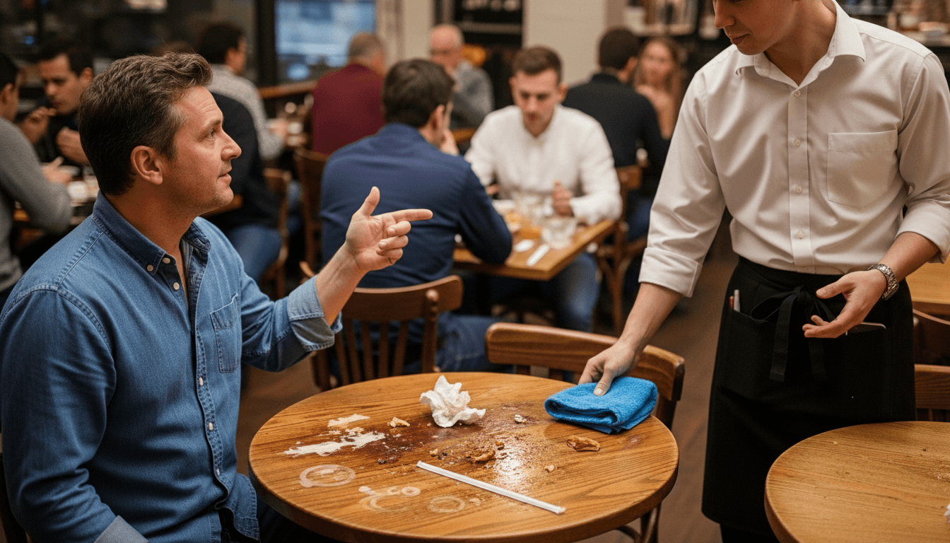 Man in denim shirt pointing at waiter holding a blue cloth near a dirty restaurant table