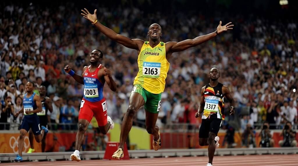 Usain Bolt in Jamaica uniform celebrating winning a sprint race at the Olympics with competitors behind him