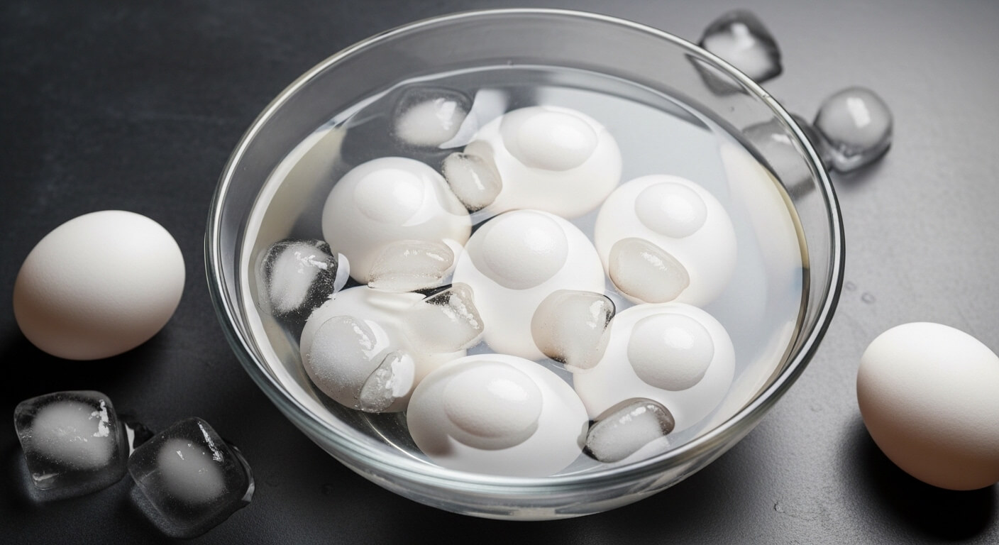 White eggs soaking in a glass bowl of ice water with additional ice cubes and eggs nearby on a dark surface